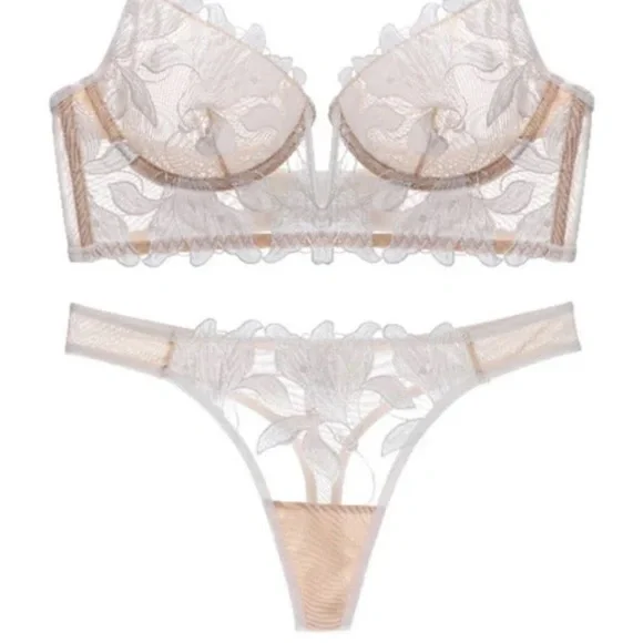 IZA Lotus Ivory Satin Embroidered Over Sheer Mesh Deep V Bustier Bra & Panties - Picture 14 of 15